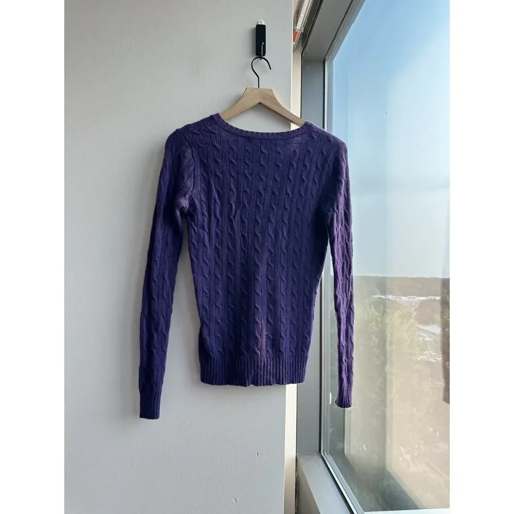 Vintage Ralph Lauren Sport Purple V-Neck Cable Knit Lambwool Academia Sweater M